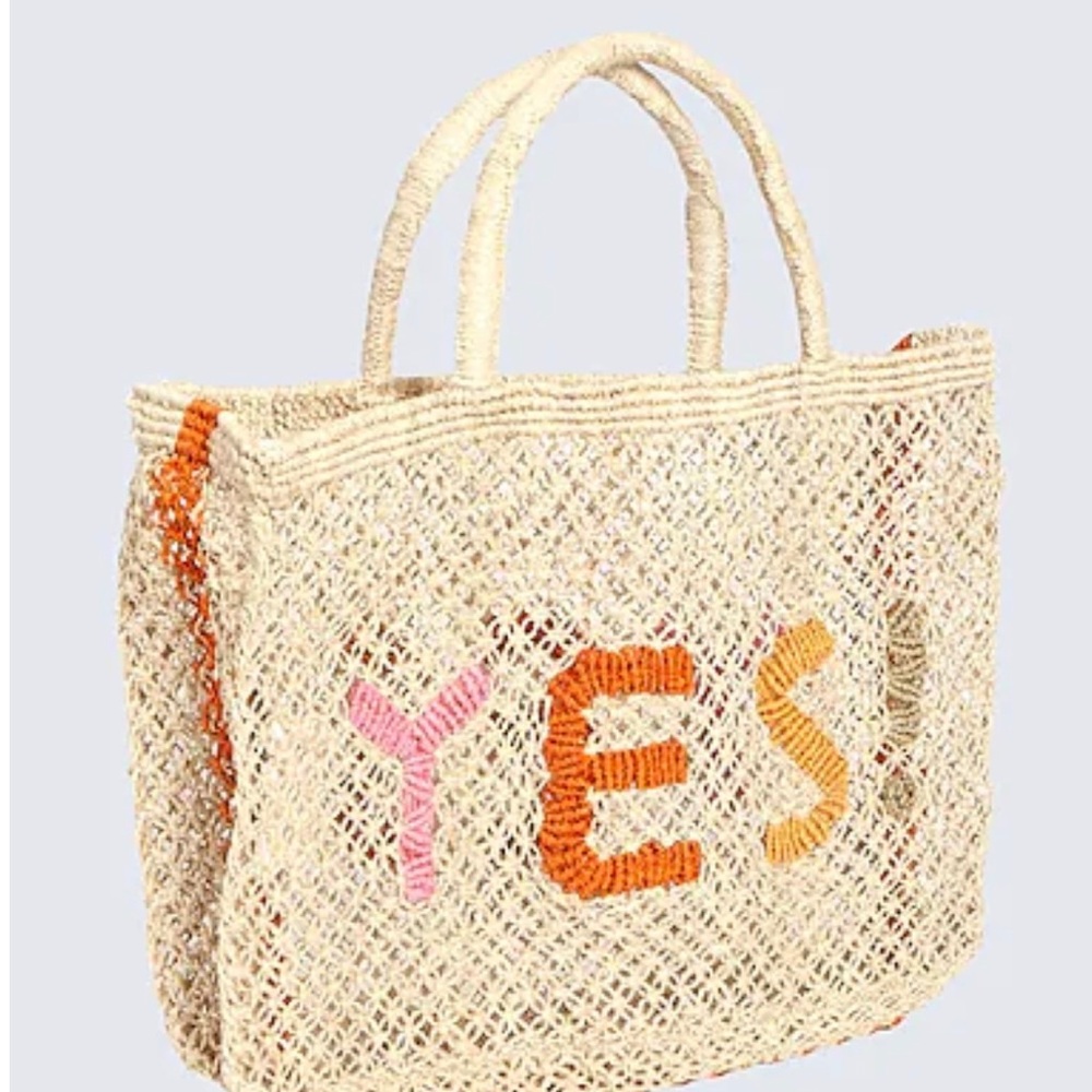 The Jacksons Natural Woven Tote Bag with Pink and Orange “YES!” Lettering